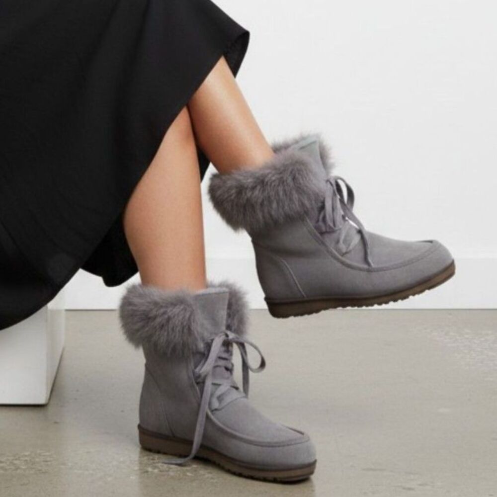 Cougar Pasha Waterproof Wedge Boots Women's 9 Blue Gray Suede Faux Fur Winter